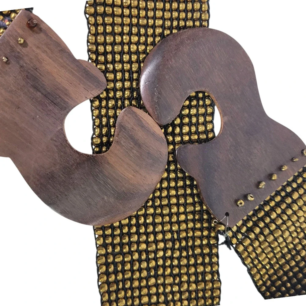 Beaded Cinch Belt Brown Stretchy Elastic Studs Waist Wooden Clasp Buckle Medium